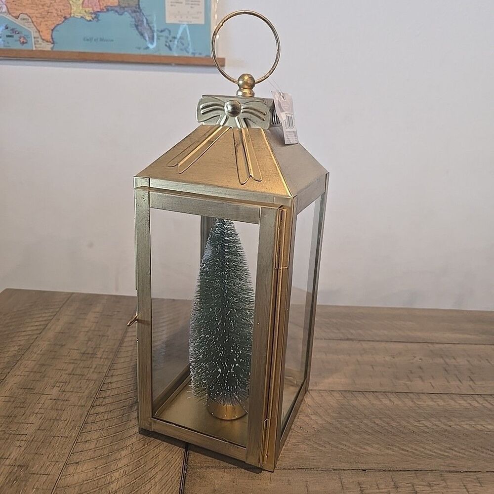 St. Nicholas Square Metal Bottle Brush Tree Lantern Table Decor Gold Color